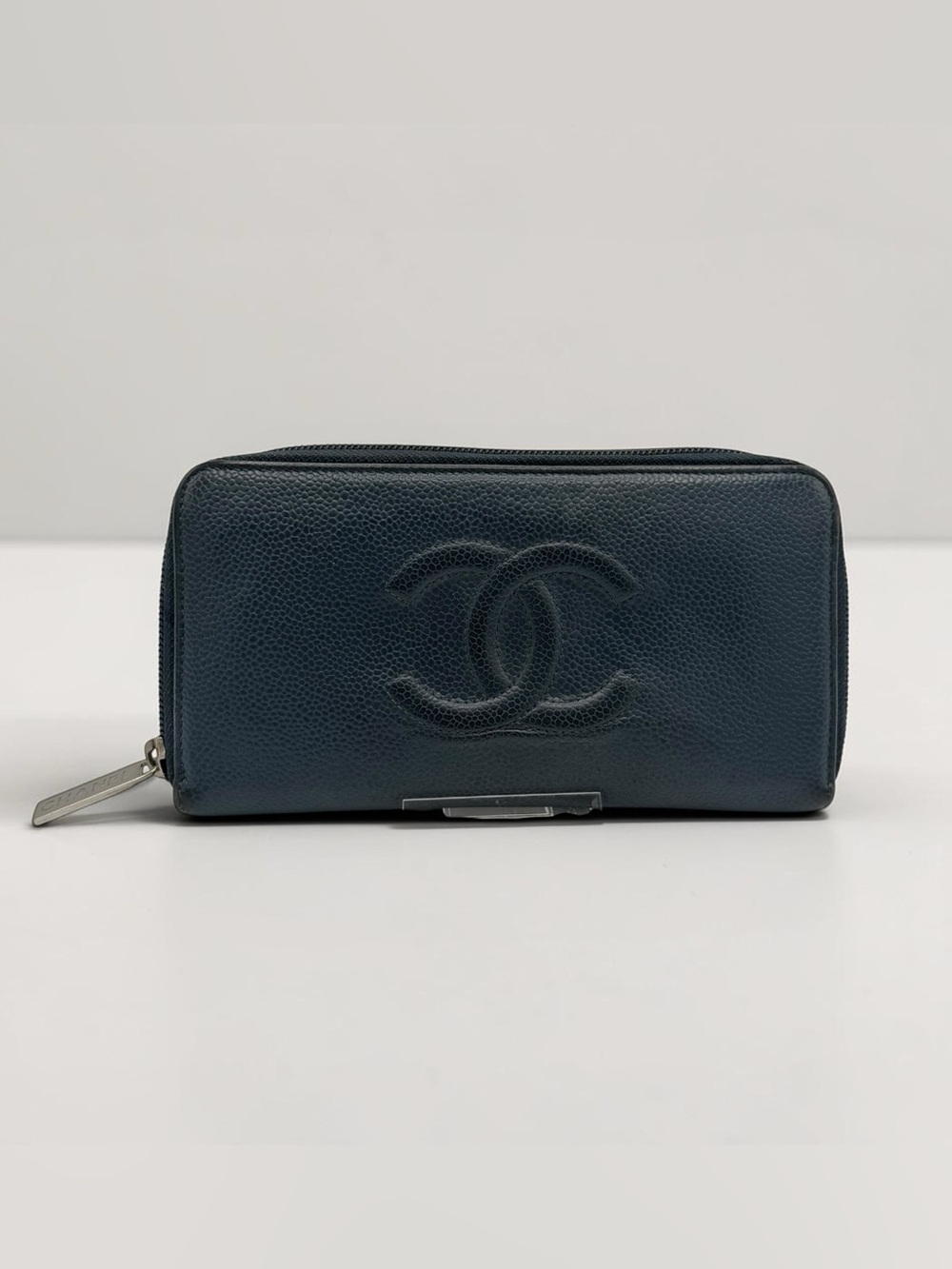 CHANEL Dark Navy Caviar Leather Zip Around Long Wallet Silver Hardware